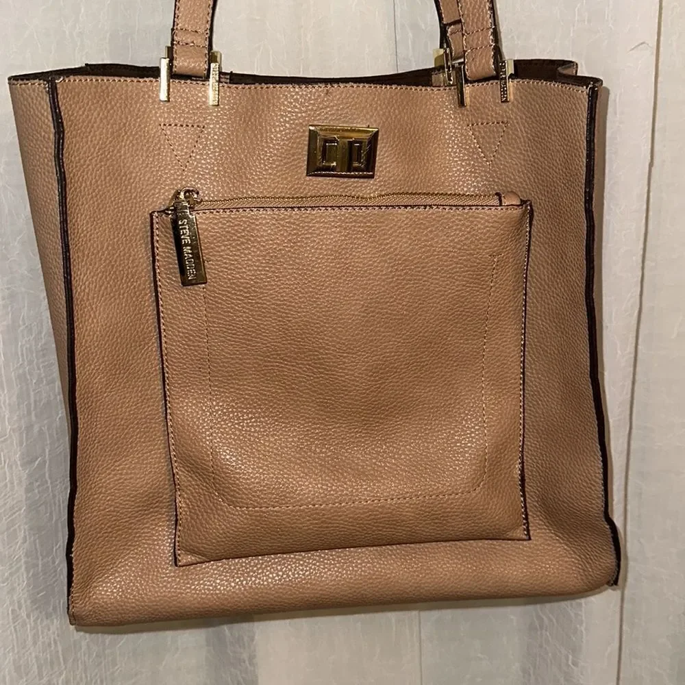 Steve Madden Tan Brown Faux Leather with Gold Tone Hardware Tote Bag Purse